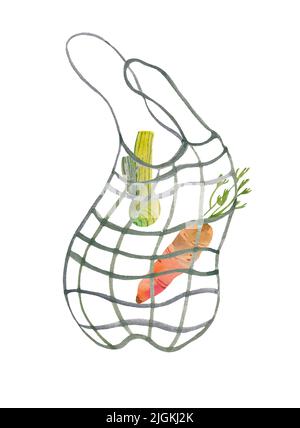 Sac écologique sacs de papier et de coton avec épicerie isolée sur fond blanc. Ensemble de dessins animés de sac écologique réutilisable, sacs en maille avec des aliments frais Banque D'Images