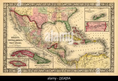 Carte du Mexique, de l'Amérique centrale et des Antilles, 1860, par Wellington Williams, Samuel Augustus Mitchell Banque D'Images