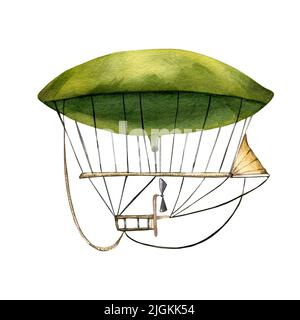 Première illustration d'aquarelle style vintage à motifs isolés. Vaisseau aérien avec hélice volant dans le ciel peint à la main. Transport enfant design eleme Banque D'Images