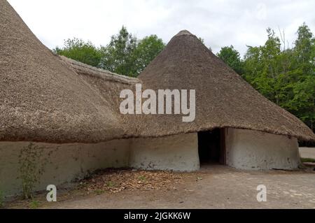 Bryn Eryr Iron Age Roundhouses. Le village celtique. Maisons rondes celtiques. Vue sur St Fagans. Juillet 2022. Été Banque D'Images