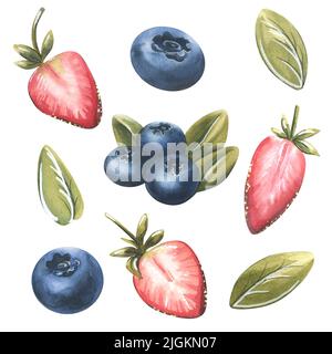 Baies avec feuilles, bleuets, fraises. Illustration aquarelle. Objets isolés d'un grand ensemble de BONBONS. Pour la décoration, le design et Banque D'Images