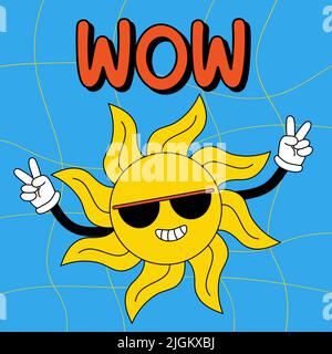 Personnage de dessin animé amusant. Groovy élément funky soleil dans des verres sombres avec des mains gantées. Génial. Illustration vectorielle style de dessin animé rétro tendance. Comic elemen Illustration de Vecteur
