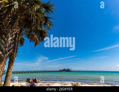 Bains de soleil sur la plage avec Amelia Island Pier au loin, Amelia Island, Floride, États-Unis Banque D'Images