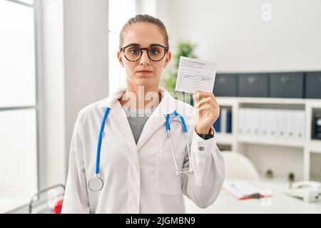 Jeune médecin femme tenant covid certificat de pensée attitude et d'expression sobre regardant de soi-même confiant Banque D'Images