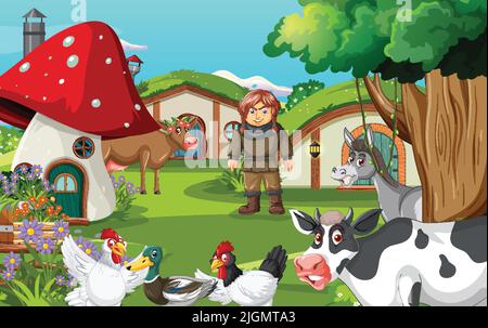 Dessin animé animaux de ferme dans la nature scène illustration Illustration de Vecteur