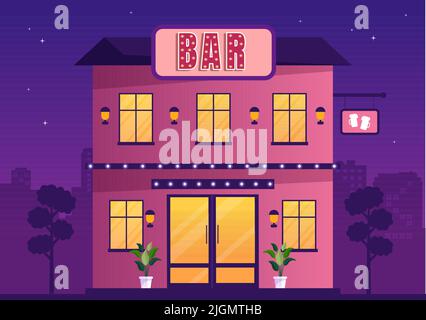 Bar ou Pub Building avec vue la nuit de l'extérieur du café dans l'illustration du dessin animé plat Illustration de Vecteur