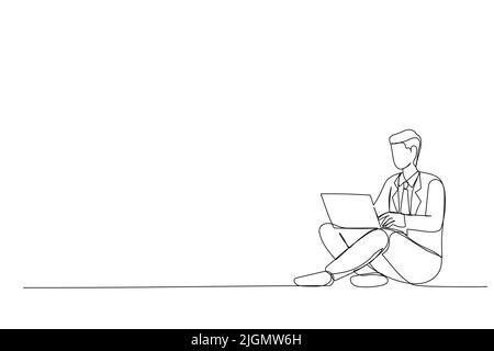 Dessin d'un jeune homme utilisant un ordinateur portable étudiant sur la technologie pc. Style de conception à une ligne Illustration de Vecteur