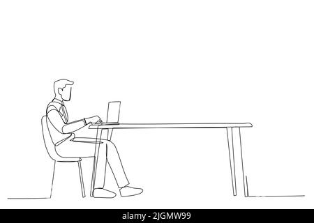 Dessin d'une ligne de jeune homme assis sur un bureau, utilisant un ordinateur portable, travaillant en ligne de la maison. Illustration de Vecteur