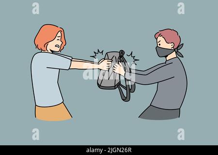 Voleur dans le masque dérobant le sac de la femme dans la rue. Homme criminel cambriolage une femme à l'extérieur. Crime et vol qualifié. Illustration vectorielle. Illustration de Vecteur