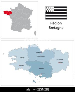 Carte vectorielle administrative avec drapeau de la région Bretagne Banque D'Images