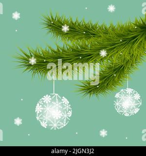 Branche d'arbre de Noël avec boules de flocons de neige Illustration de Vecteur