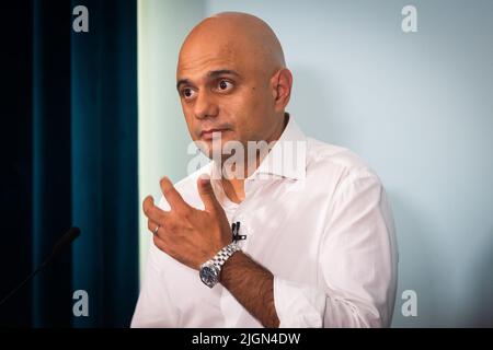 Londres, Royaume-Uni. 11th juillet 2022. Le candidat à la direction du Parti conservateur, Sajid Javid MP, parle lors du lancement de sa campagne à Londres. Le calendrier de la course pour trouver le successeur de Boris Johnson comme chef conservateur a été décidé aujourd'hui par le Comité de 1922, avec un nouveau premier ministre qui sera élu le 5th septembre. Crédit : SOPA Images Limited/Alamy Live News Banque D'Images