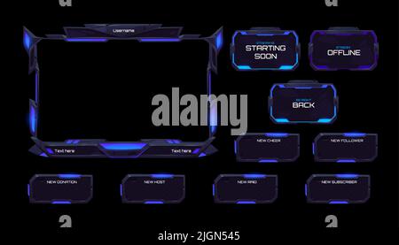 Superposition de flux d'espace, menu de jeu mmo, cadre d'interface utilisateur NEON. Écran de streaming, panneaux et boutons du nom d'utilisateur du joueur. Modèle pour esport, vidéo en direct en ligne, bordures lumineuses de l'interface utilisateur numérique, ensemble de vecteurs Illustration de Vecteur