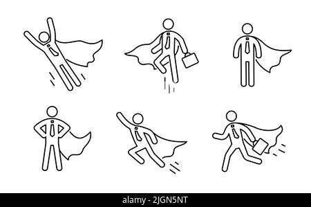 Jeu d'icônes de la ligne homme de pictogramme de superhéros d'affaires. Figure de contour d'homme d'affaires super-héros. Employé de la victoire, personne du pictogramme de l'employeur. Illustration vectorielle. Illustration de Vecteur