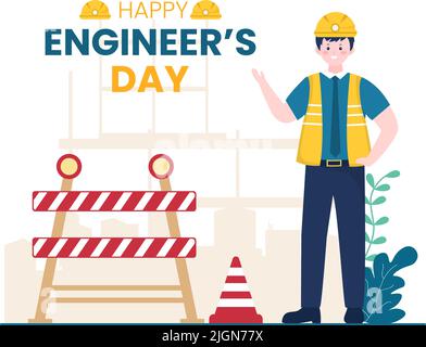 Happy Engineers Day Illustration commémorative pour l'ingénieur avec le travailleur, le casque et les outils du dessin animé Illustration de Vecteur