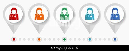 Icônes de vecteur de concept de médecin féminin, modèle d'infographie modifiable, jeu de pointeurs plats colorés Illustration de Vecteur