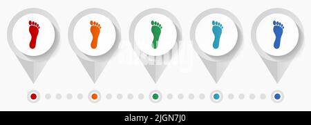 Icônes vectorielles Human foot Print, modèle d'infographie modifiable, jeu de pointeurs plats colorés Illustration de Vecteur