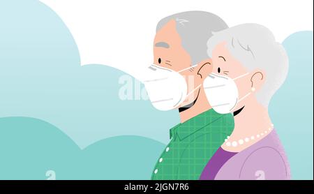 Couple de vieux profil homme et femme en gros plan portant des masques de protection blancs FFP2 KN95. Caractères isolés. Les masques peuvent être supprimés. Illustration de Vecteur