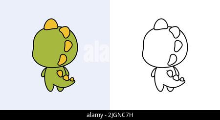 Dino Clipart multicolore et noir et blanc. Magnifique dinosaure clip Art. Illustration vectorielle d'un animal kawaii pour des imprimés pour vêtements, autocollants Illustration de Vecteur