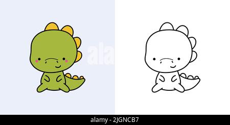 Kawaii Dinosaur Clipart multicolore et noir et blanc. Mignon kawaii Dino. Illustration vectorielle d'un animal kawaii pour autocollants, imprimés pour vêtements Illustration de Vecteur