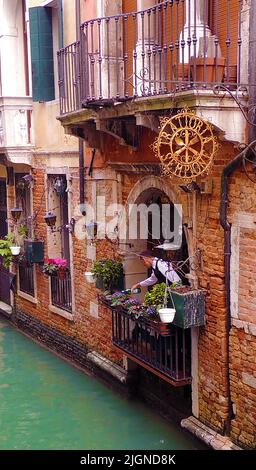 Venise Italie - Un serveur dans un restaurant au bord du canal prend le temps d'arroser les plantes d'une bouteille de vin ------------------------------ Venezia Italia - un cameriere dans un ristorante sul canale prende tempo per inaffiare le piante da una botiglia di vino Banque D'Images