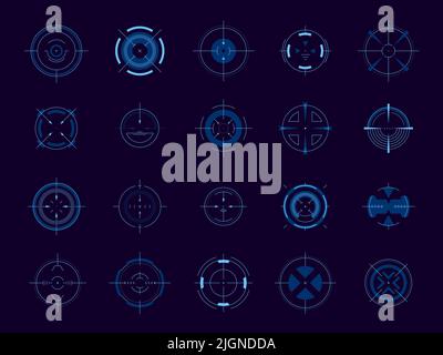 Objectif du cercle HUD. Interface utilisateur de jeu futuriste du système cible, contrôle de la mise au point ronde militaire, vue d'arme de sniper. Elément de tableau de bord vectoriel défini pour Illustration de Vecteur