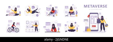 Métaverse et concept de réalité virtuelle. Les femmes arabes en lunettes VR apprennent, méditant, travaillant et faisant du sport. Divertissement technologique moderne Illustration de Vecteur