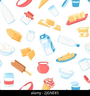 Modèle de produits laitiers. Impression sans couture de lait dans divers emballages et verre, fromage yogourt beurre fromage fromage fromage cottage produits biologiques de la ferme. Vecteur Illustration de Vecteur