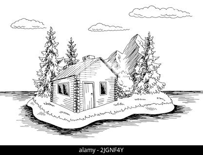 Island House graphique noir blanc paysage dessin illustration vecteur Illustration de Vecteur