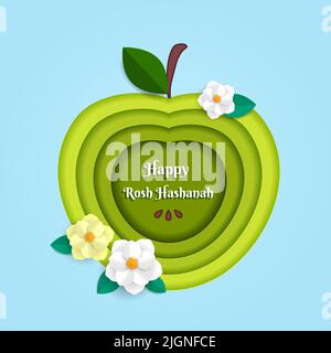 Rosh Hashanah bannière de salutation avec le symbole de la fête juive de la pomme et des fleurs en papier. Modèle d'illustration vectoriel de coupe de papier. Illustration de Vecteur