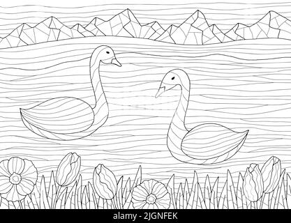 Motif à colorier Swan noir blanc paysage illustration vecteur Illustration de Vecteur