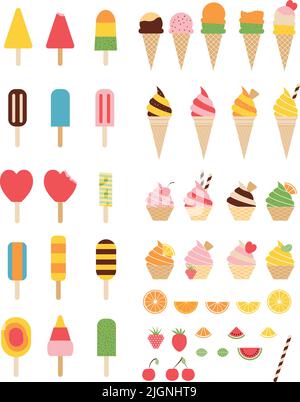 Cône et barre de crème glacée. Glace pastel et colorée isolate sur blanc, illustration vectorielle Illustration de Vecteur