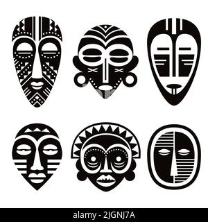 Ensemble de conception de masques tribaux africains, collection de masques ethniques rituels, décoration indigène Illustration de Vecteur