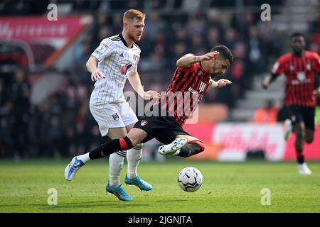 Dominic Solanke d'AFC Bournemouth et Harrison Reed de Fulham - AFC Bournemouth v Fulham, Sky Bet Championship, Vitality Stadium, Bournemouth, Royaume-Uni - 23rd avril 2022 usage éditorial exclusif - restrictions DataCo applicables Banque D'Images