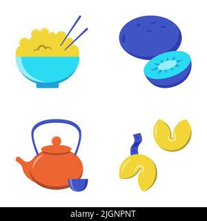 Symboles traditionnels chinois Icon de style plat. Plats et boissons asiatiques. Biscuits fortune, bol avec riz, thé et kiwi. Illustration vectorielle. Illustration de Vecteur