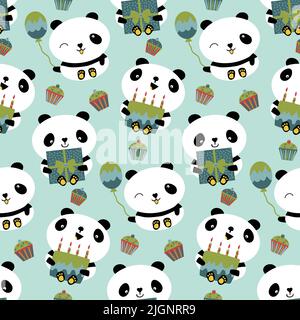 Kawaii panda anniversaire vecteur sans couture motif arrière-plan. Toile de fond mignonne avec des ours de dessin animé riant tenant des gâteaux, des ballons, des cupcakes. Sexe neutre Illustration de Vecteur