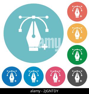 Ajout d'un point d'édition avec des icônes blanches plates de l'outil Plume sur des arrière-plans de couleur ronde Illustration de Vecteur
