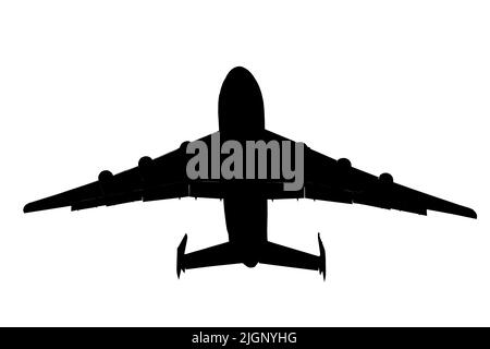 La silhouette d'un avion à six moteurs. Avion cargo isolé noir sur fond blanc. Vue arrière de l'avion. Résumé Ukrainien Mriya plane. Banque D'Images