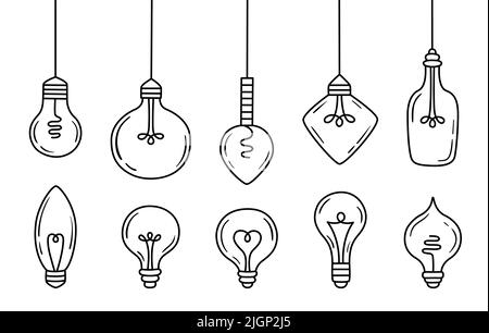 Jeu d'ampoules électriques ou d'ampoules. Collection de symboles d'idée de dessin à la main. Illustration vectorielle. Illustration de Vecteur