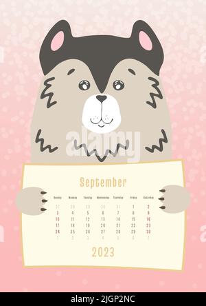 calendrier du 2023 septembre, adorable chien husky tenant une feuille de calendrier mensuelle, style puéril dessiné à la main. Illustration de Vecteur