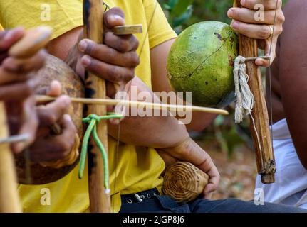 Musiciens jouant un instrument appelé berimbau lors d'un spectacle de capoeira à Salvador, Bahia Banque D'Images