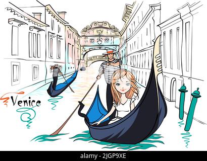 Jolie fille blanche mode dans la gondole, Venise, Italie. Pont des Soupirs en arrière-plan Illustration de Vecteur