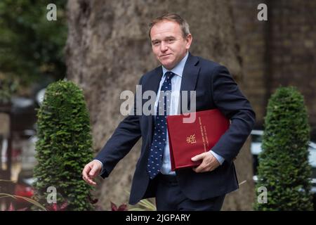 Londres, Royaume-Uni. 12th juillet 2022. Le secrétaire d'État à l'Environnement, à l'alimentation et aux Affaires rurales, George Esuth, arrive à Downing Street pour assister à la réunion hebdomadaire du Cabinet. La course pour remplacer Boris Johnson au poste de chef du Parti conservateur et du nouveau Premier ministre britannique commence sérieusement aujourd'hui, car les candidats doivent obtenir le soutien de 20 députés pour aller à l'étape du vote avec des espoirs réduits à deux pour jeudi prochain. Crédit: Wiktor Szymanowicz/Alamy Live News Banque D'Images