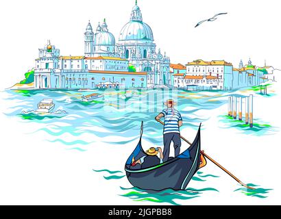 Gondolier en gondole sur le Grand Canal en chapeau avec ruban rouge et singulet rayé typique, Sainte Marie de la Santé en arrière-plan, Venise, Italie. Illustration de Vecteur