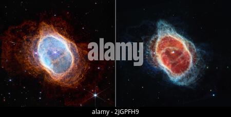 Cette comparaison côte à côte, publiée sur 12 juillet 2022, montre des observations de la nébuleuse de l'anneau austral dans la lumière proche infrarouge, à gauche, et dans la lumière moyenne infrarouge, à droite, du télescope Webb de la NASA. Cette scène a été créée par une étoile naine blanche - les restes d'une étoile comme notre Soleil après qu'il a jeté ses couches extérieures et a cessé de brûler le combustible par fusion nucléaire. Ces couches extérieures forment maintenant les coques éjectées tout le long de cette vue. Les images sont très différentes car NIRCam et MIRI recueillent différentes longueurs d'onde de lumière. NIRCam observe la lumière proche infrarouge, qui est plus proche de la longueur d'onde visible Banque D'Images