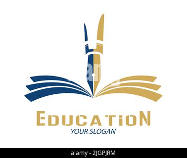 Éducation. Un livre ouvert et un stylo à encre fontaine. Modèle de logo, de marque ou d'autocollant pour les sites Web, les applications et la conception de thèmes. Style plat Illustration de Vecteur