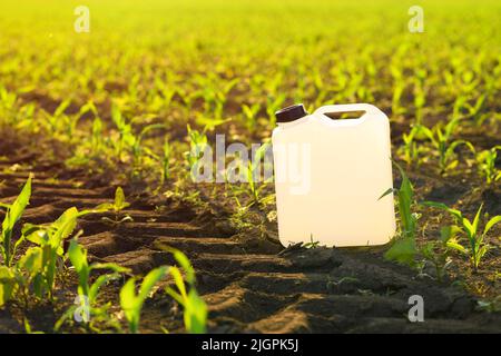 Canister blanc vierge d'herbicide dans le champ de semis de maïs au coucher du soleil de printemps, foyer sélectif Banque D'Images