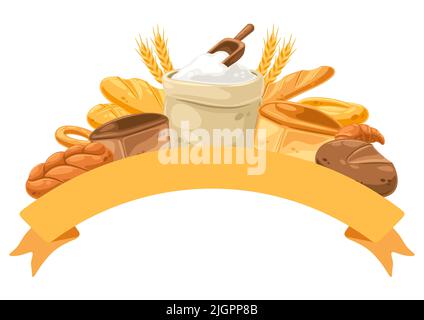 Fond avec du pain et tout pour la cuisson. Image pour les boulangeries et les épiceries. Une alimentation traditionnelle saine. Illustration de Vecteur