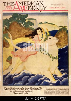 Europa and Zeus publié le 15 mars 1931 dans l'American Weekly, peint par Edmund Dulac. Zeus était le grand dieu des vieux Grecs. Les Romains l'ont appelé Jupiter. Il était extrêmement romantique, et avait un certain nombre d'affaires d'amour. Étant un dieu, il avait un grand avantage sur les amoureux humains. Les pères anxieux n’ont rien de bon à cacher leurs filles attirantes, parce que Zeus pouvait assumer n’importe quelle forme qu’il aimait, aucun verrou ou mur ne pouvait le garder à l’extérieur. Il admirait Europa, la fille du roi de Phoenicia, qui essayait de la garder à l'abri des amoureux en l'entourant par des dizaines des plus belles filles. Banque D'Images