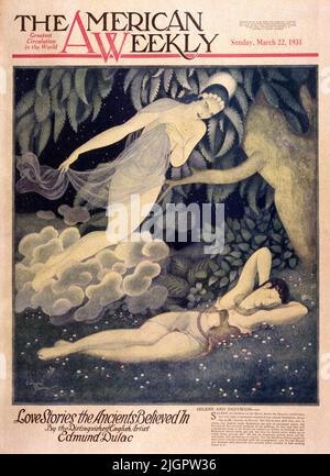 'sélene et Endymion' publié sur 22 mars,1931 dans le magazine American Weekly Sunday peint par Edmund Dualc.Selene, la déesse de la lune, que les Romains ont appelé Luna, a vu une nuit un beau berger nommé Endymion dormant sur Mt. Latmos en Grèce. Elle est tombée amoureuse de lui, et, pour la plaisir, Jupiter a fait d'Endymion le don de la jeunesse perpétuelle, mais en raison de la modestie céleste de la Déesse, il l'a également jeté dans un sommeil perpétuel pour qu'il n'embarrassera pas Selene en la regardant. Endymion ne serait jamais vieux, mais aussi il ne se réveirait jamais pour apprécier de ne jamais avoir vieux. Banque D'Images